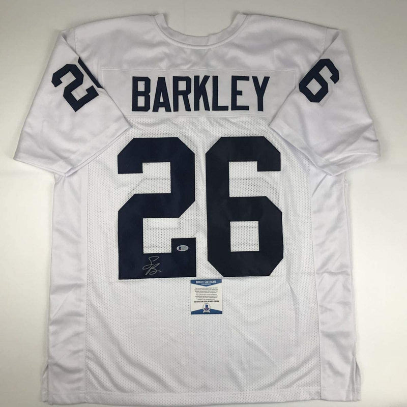 Autographed/Signed Saquon Barkley Penn State White College Football Jersey Beckett BAS COA