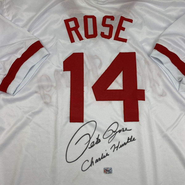Autographed/Signed Pete Rose Inscribed Charlie Hustle Cincinnati White Baseball Jersey Athlete Hologram COA #1