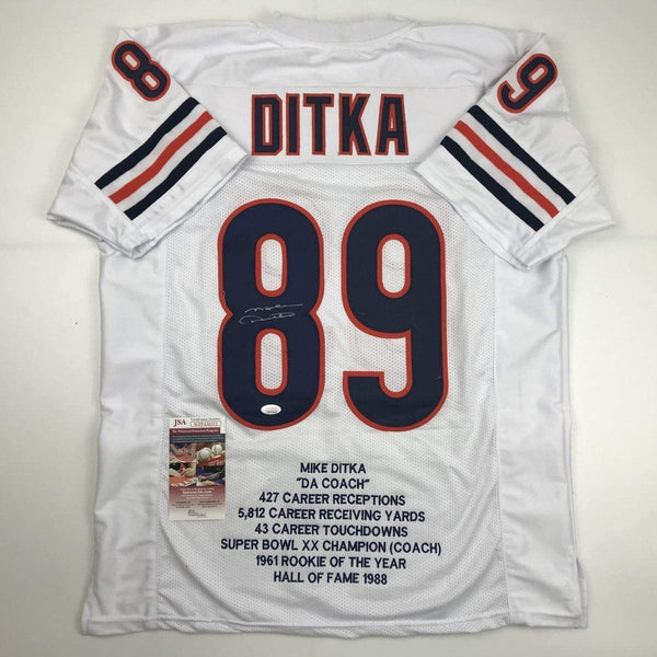 Autographed/Signed Mike Ditka Chicago White Stat Football Jersey JSA COA