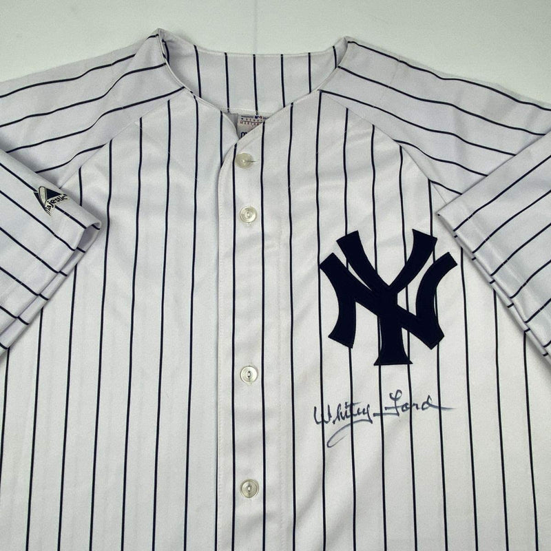 Autographed/Signed Whitey Ford New York Pinstripe Baseball Jersey PSA/DNA COA