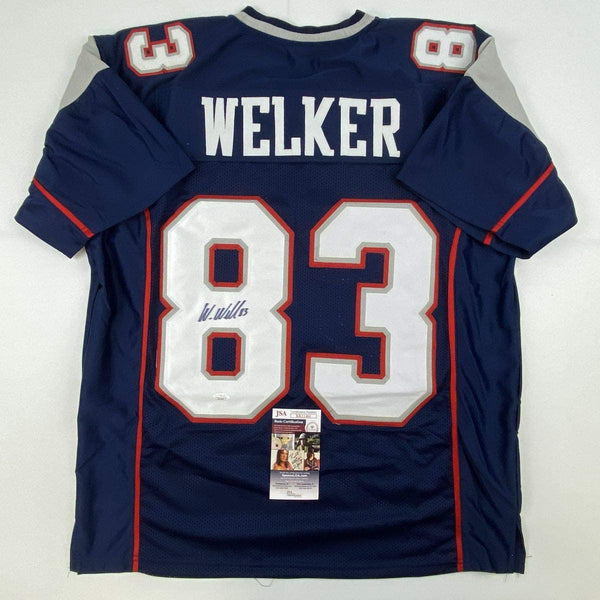 Autographed/Signed Wes Welker New England Blue Football Jersey JSA COA