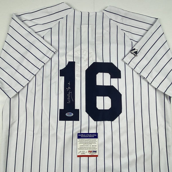 Autographed/Signed Whitey Ford New York Pinstripe Baseball Jersey PSA/DNA COA #2