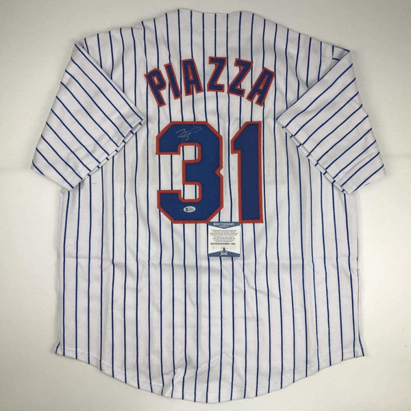 Autographed/Signed Mike Piazza New York NY Pinstripe Baseball Jersey Beckett BAS COA