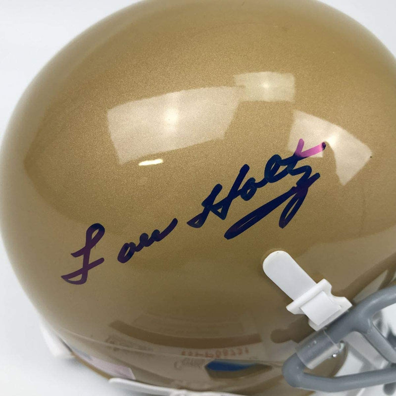 Autographed/Signed Lou Holtz Notre Dame Irish College Football Mini Helmet JSA COA