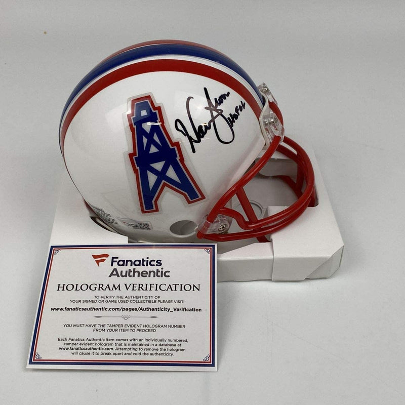 Autographed/Signed Warren Moon HOF 06 Houston Oilers Football Mini Helmet Fanatics COA