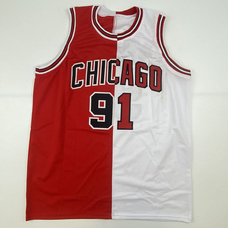 Autographed/Signed Dennis Rodman Chicago Split Basketball Jersey Beckett BAS COA
