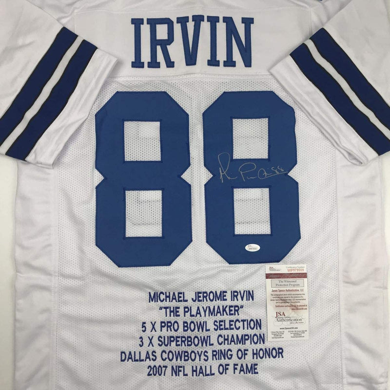 Autographed/Signed Michael Irvin Dallas White Stat Football Jersey JSA COA
