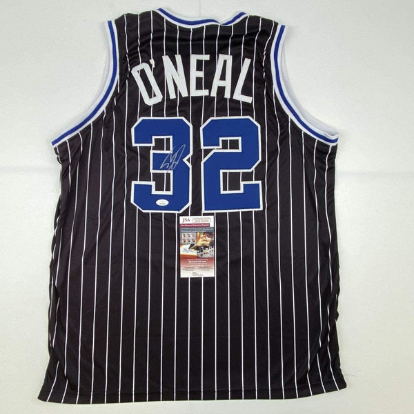 Autographed/Signed Shaquille Shaq O'Neal Orlando Black Pinstripe Basketball Jersey JSA COA