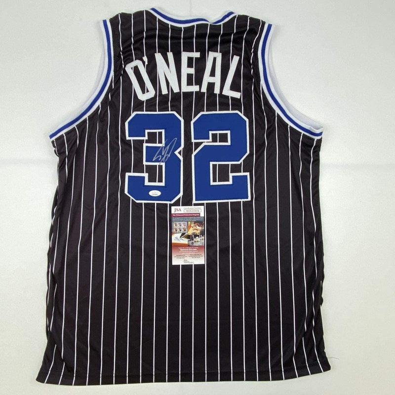 Autographed/Signed Shaquille Shaq O'Neal Orlando Black Pinstripe Basketball Jersey JSA COA
