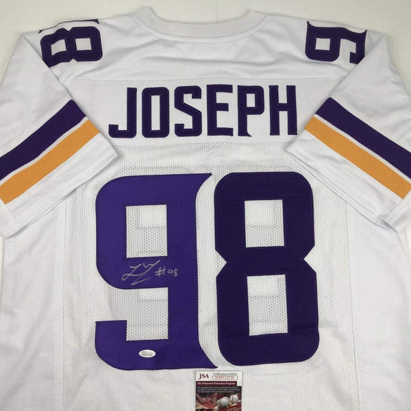Autographed/Signed Linval Joseph Minnesota White Football Jersey JSA COA