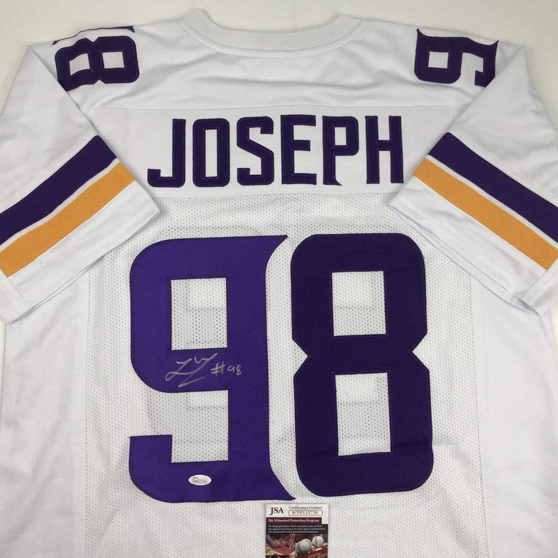 Autographed/Signed Linval Joseph Minnesota White Football Jersey JSA COA