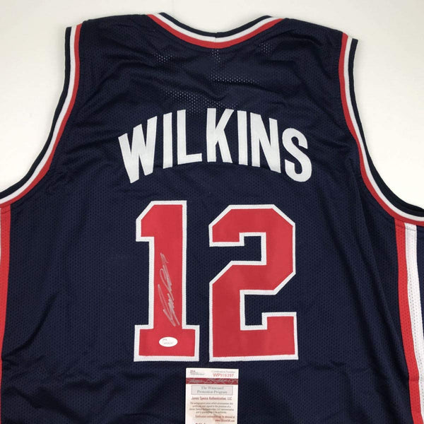 Autographed/Signed Dominique Wilkins Team USA United States Blue Olympics Basketball Jersey JSA COA