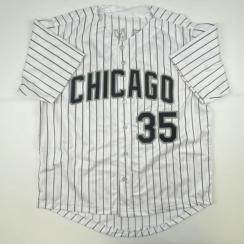Autographed/Signed Frank Thomas HOF 2014 Chicago Pinstripe Baseball Jersey JSA COA