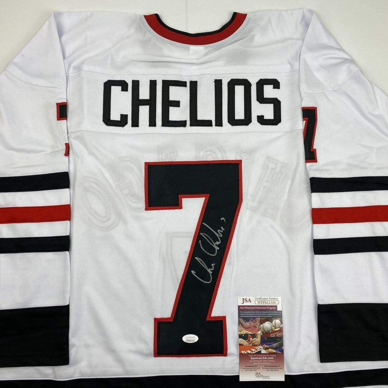 Autographed/Signed Chris Chelios Chicago White Hockey Jersey JSA COA