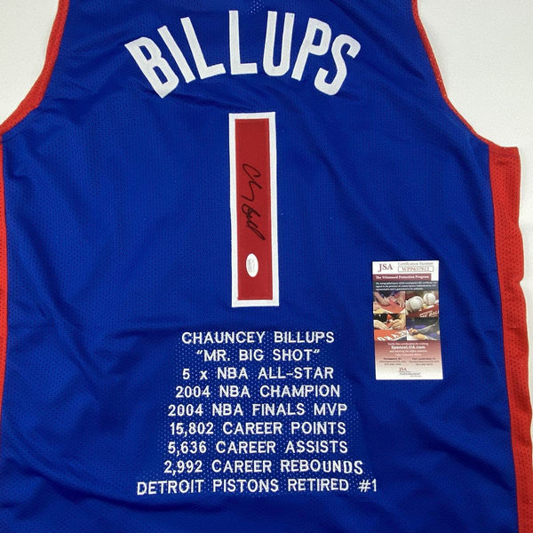 Autographed/Signed Chauncey Billups Detroit Blue Stat Basketball Jersey JSA COA