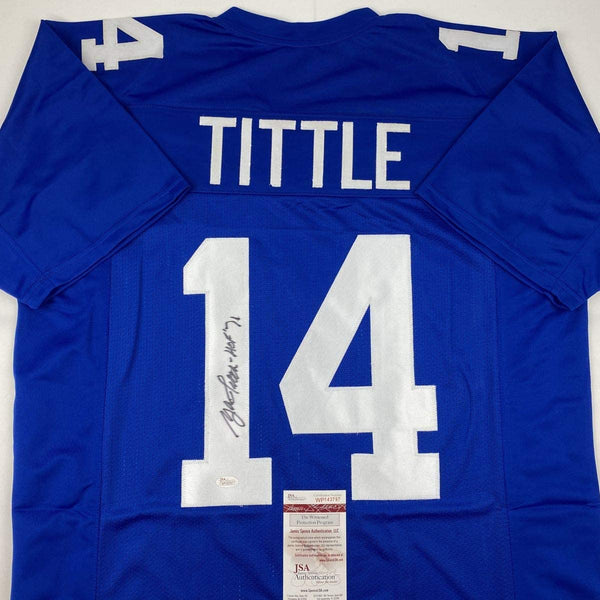 Autographed/Signed YA Y.A. Tittle HOF 71 New York Blue Football Jersey JSA COA