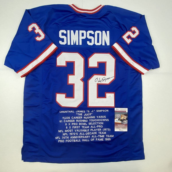 Autographed/Signed OJ O.J. Simpson Buffalo Blue Stat Football Jersey JSA COA