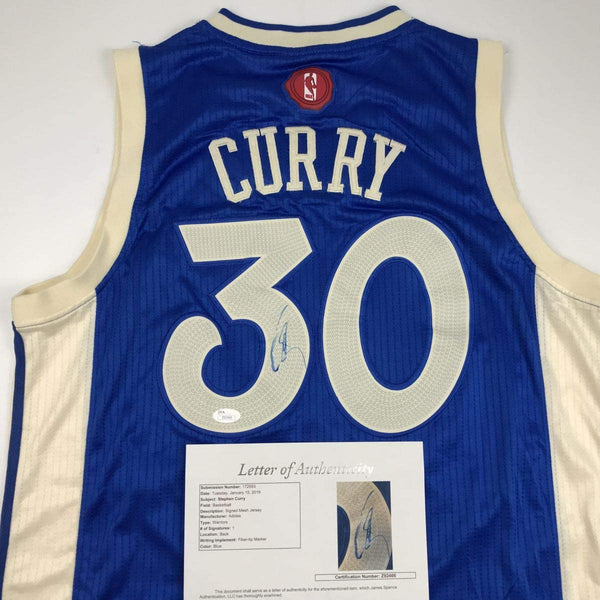 Autographed/Signed Stephen Steph Curry Golden State Blue Christmas Day Basketball Jersey JSA COA/LOA