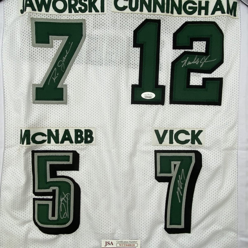 Autographed/Signed Eagles QB Legends McNabb Cunningham Vick Jaworski Philadelphia White Football Jersey JSA COA