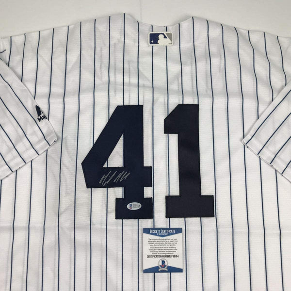 Autographed/Signed Miguel Andujar New York Pinstripe Majestic Baseball Jersey Beckett BAS COA