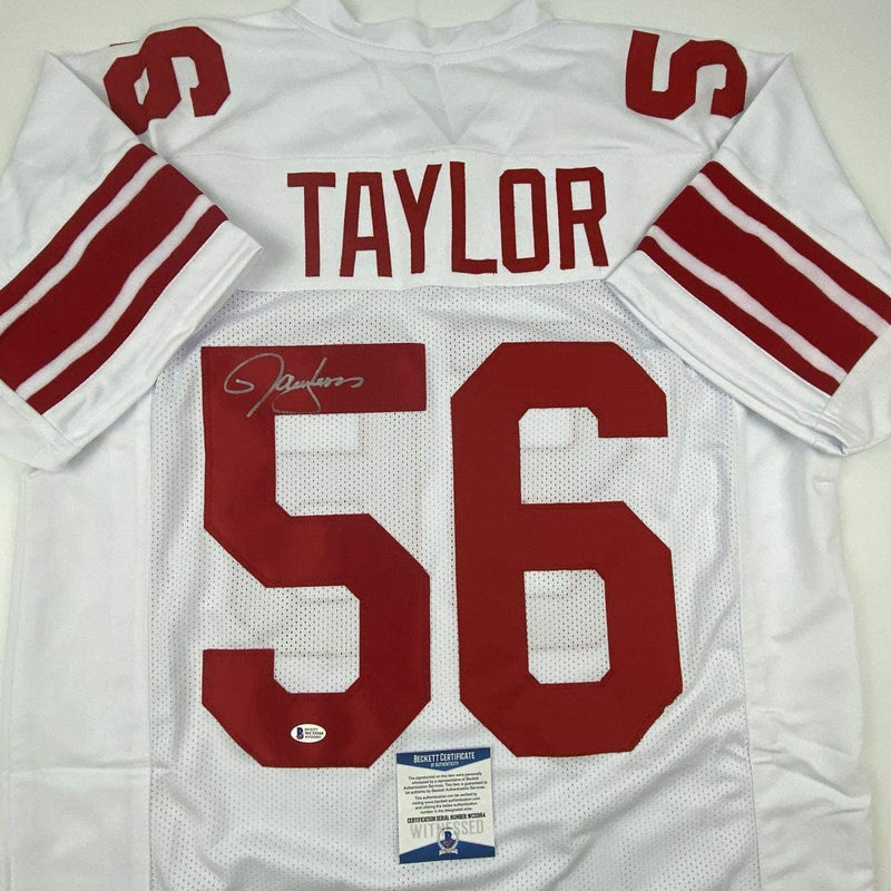 Autographed/Signed Lawrence Taylor New York White Football Jersey Beckett BAS COA