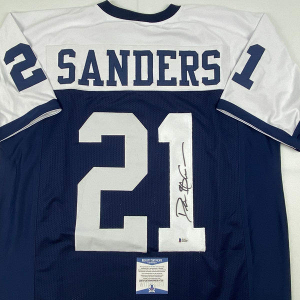 Autographed/Signed Deion Sanders Dallas Thanksgiving Day Football Jersey Beckett BAS COA