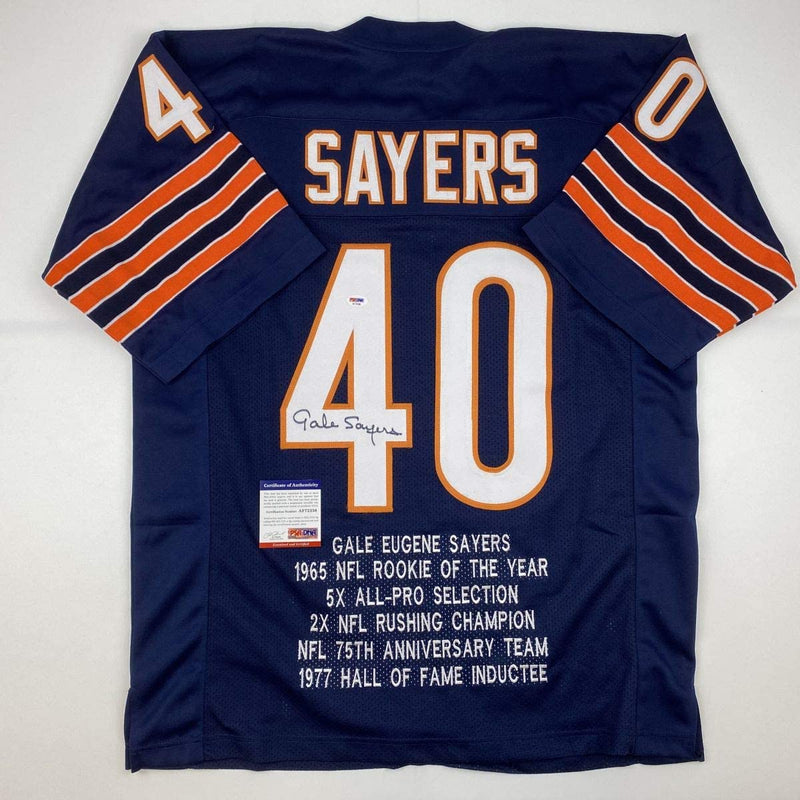 Autographed/Signed Gale Sayers Chicago Blue Stat Football Jersey PSA/DNA COA