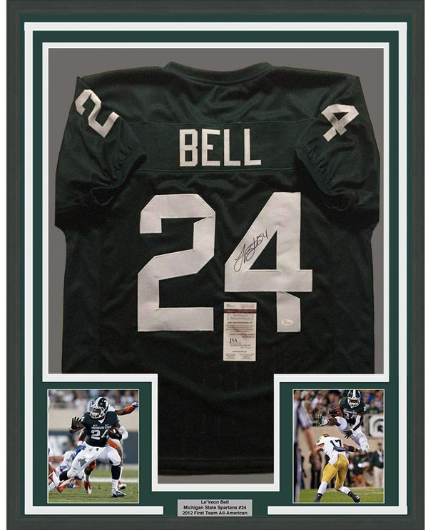 Framed Autographed/Signed LeVeon Le'Veon Bell 35x39 Michigan State Green College Football Jersey JSA COA