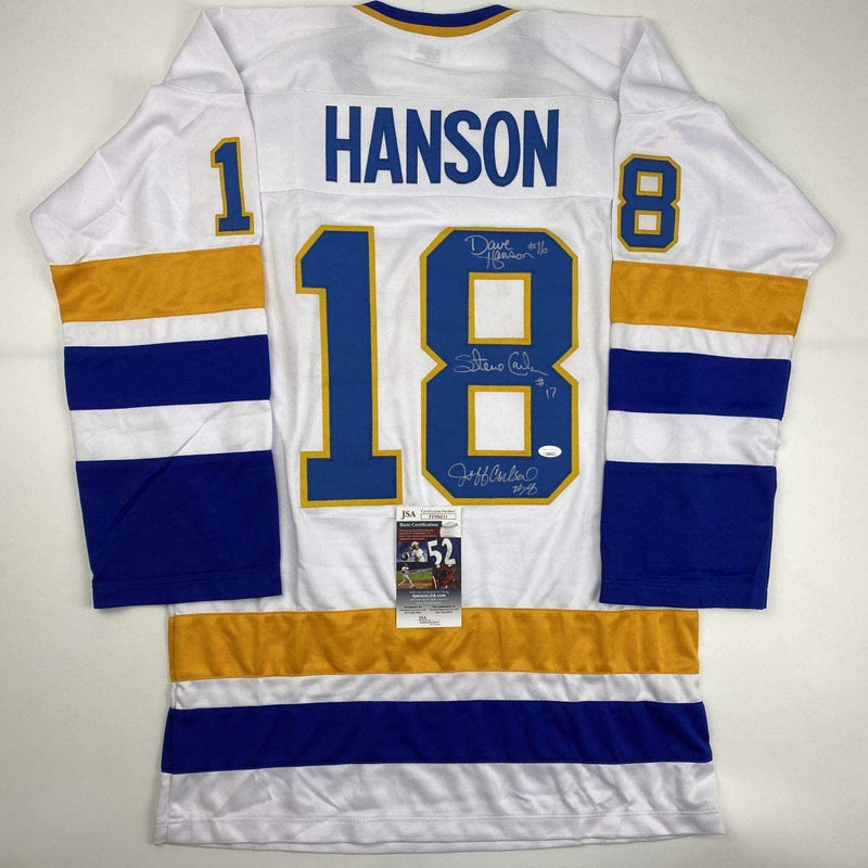 Autographed/Signed Hanson Brothers Chiefs Slap Shot Movie #18 White Hockey Jersey JSA COA