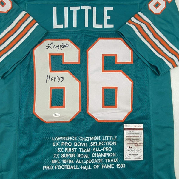 Autographed/Signed Larry Little HOF 93 Miami Teal Stat Football Jersey JSA COA