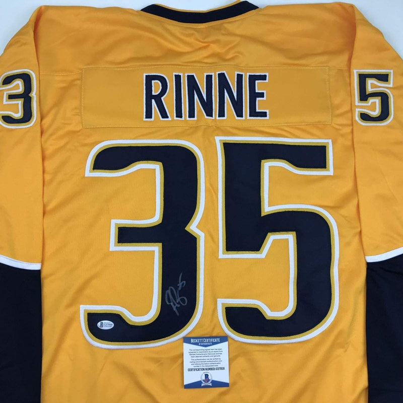 Autographed/Signed Pekka Rinne Nashville Yellow Hockey Jersey Beckett BAS COA