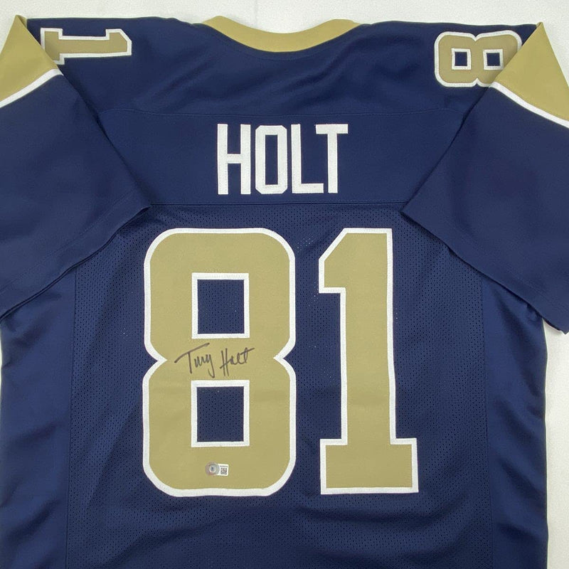Autographed/Signed Torry Holt St. Louis Dark Blue Football Jersey Beckett BAS COA