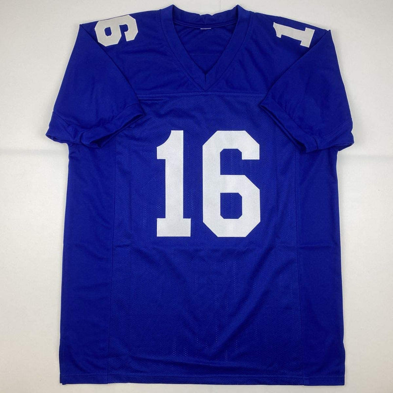 Autographed/Signed Frank Gifford HOF 77 New York Blue Football Jersey JSA COA