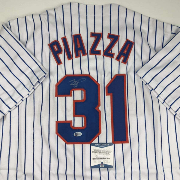 Autographed/Signed Mike Piazza New York NY Pinstripe Baseball Jersey Beckett BAS COA