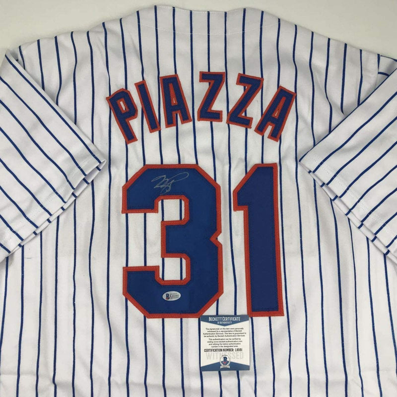 Autographed/Signed Mike Piazza New York NY Pinstripe Baseball Jersey Beckett BAS COA
