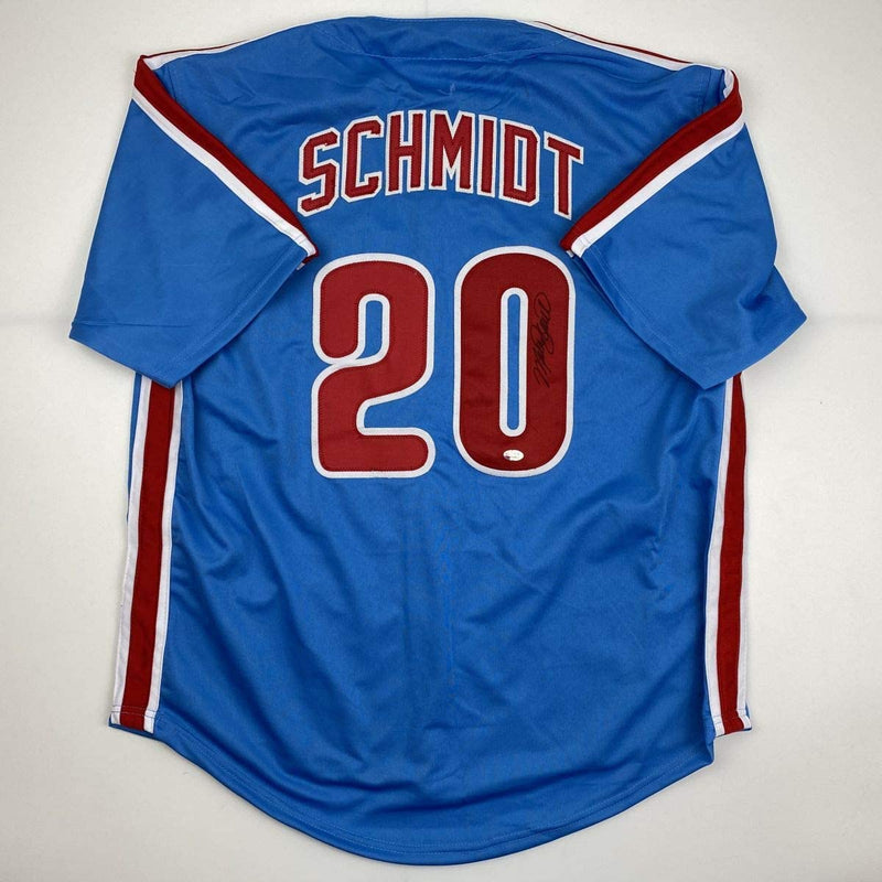 Autographed/Signed Mike Schmidt Philadelphia Retro Blue Baseball Jersey GTSM COA Hologram Only