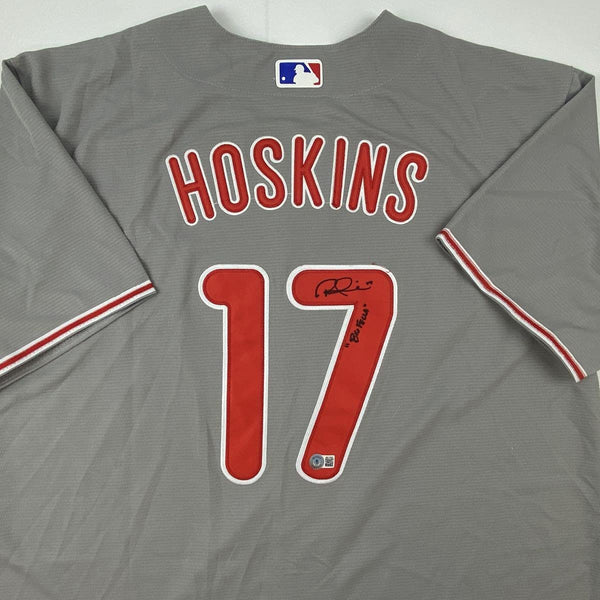Autographed/Signed Rhys Hoskins Big Fella Philadelphia Grey Baseball Jersey Beckett BAS COA