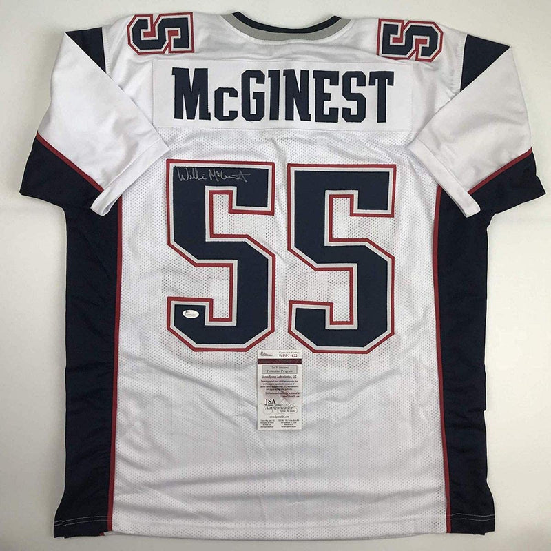 Autographed/Signed Willie McGinest New England White Football Jersey JSA COA