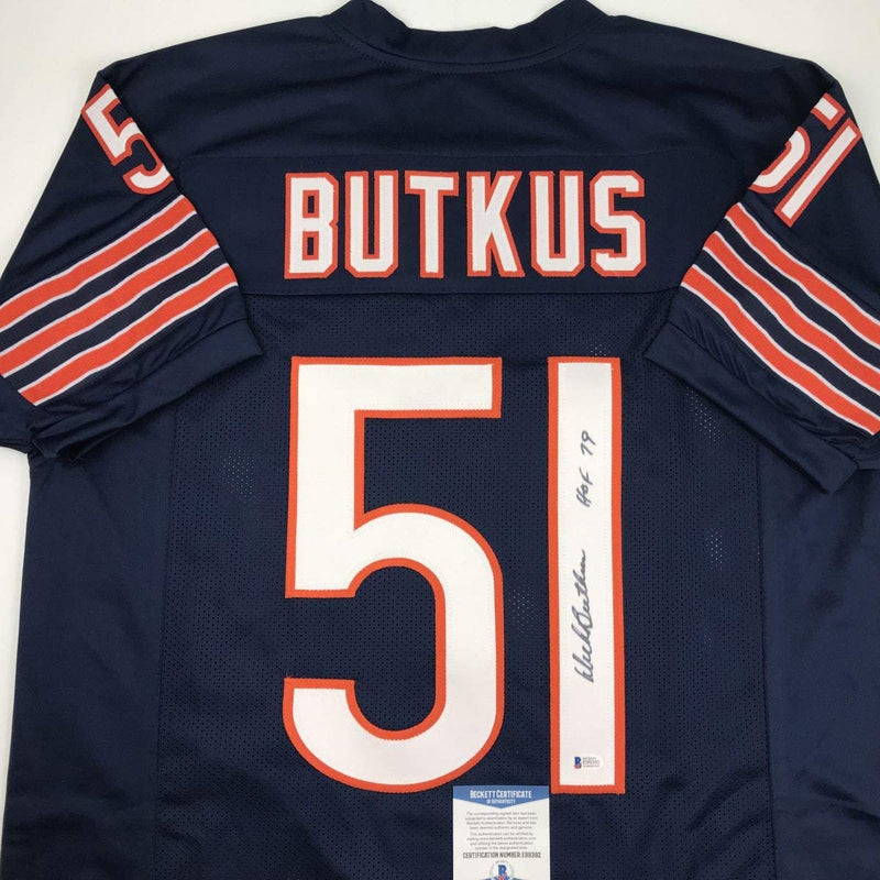 Autographed/Signed Dick Butkus HOF 79 Chicago Blue Football Jersey Beckett BAS COA