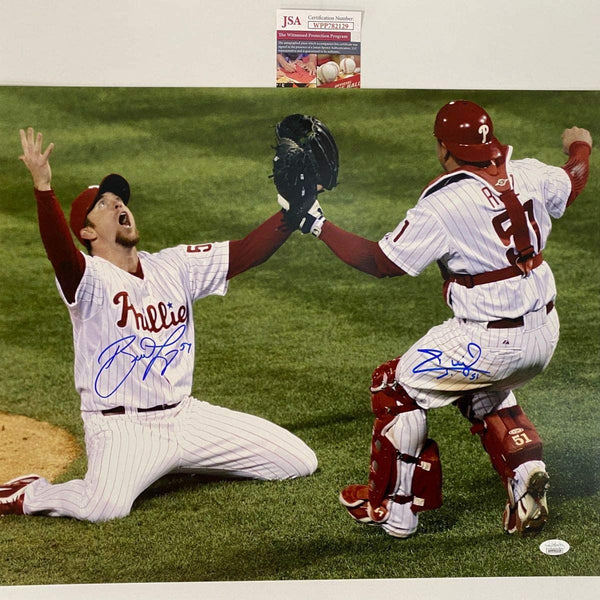 Autographed/Signed Brad Lidge & Carlos Ruiz Dual 2008 World Series Philadelphia Phillies 16x20 Baseball Photo JSA COA