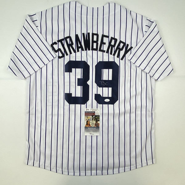 Autographed/Signed Darryl Strawberry New York Pinstripe Baseball Jersey JSA COA