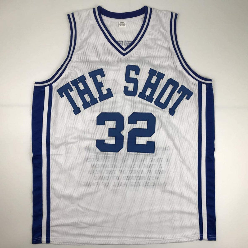 Autographed/Signed Christian Laettner Duke White Stat The Shot College Basketball Jersey JSA COA
