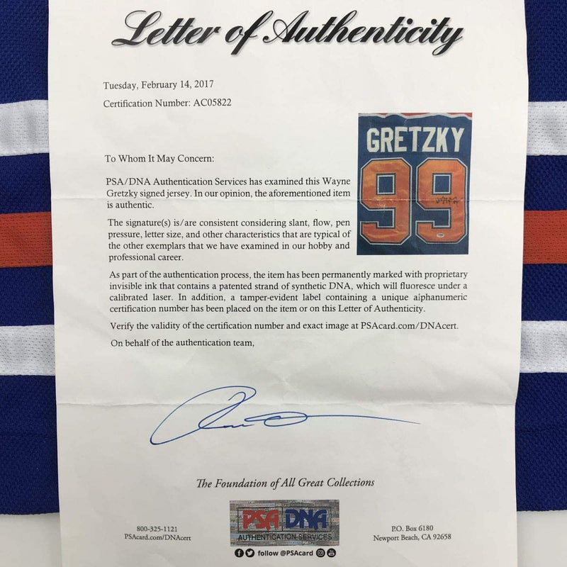 Autographed/Signed Wayne Gretzky Edmonton Blue Hockey Jersey PSA/DNA COA/LOA