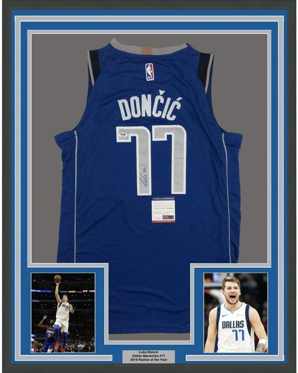 Framed Autographed/Signed Luka Doncic 35x39 Dallas Blue Basketball Jersey PSA/DNA COA