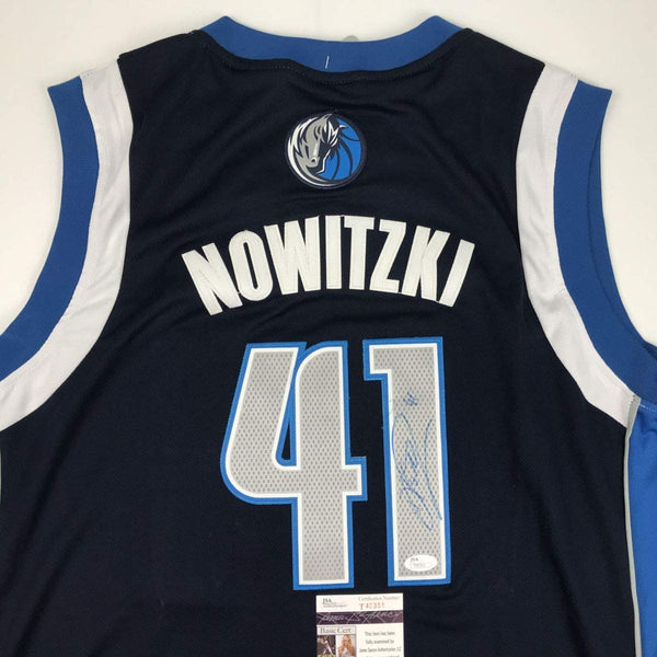 Autographed/Signed Dirk Nowitzki Dallas Dark Blue Basketball Jersey JSA COA