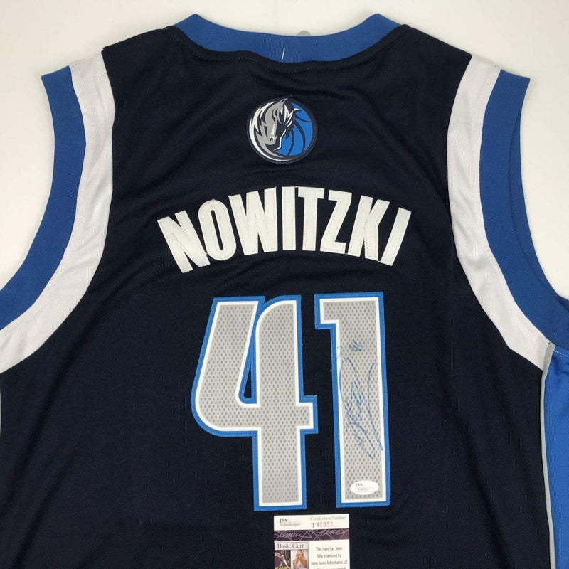 Autographed/Signed Dirk Nowitzki Dallas Dark Blue Basketball Jersey JSA COA