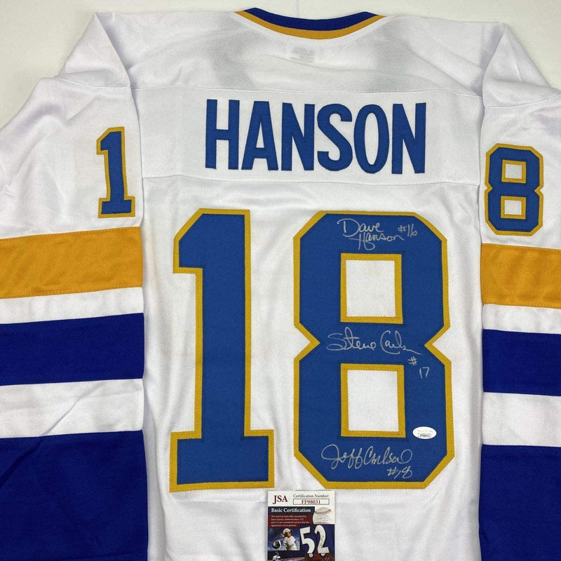Autographed/Signed Hanson Brothers Chiefs Slap Shot Movie #18 White Hockey Jersey JSA COA