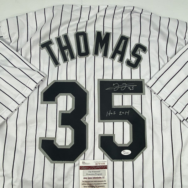Autographed/Signed Frank Thomas HOF 2014 Chicago Pinstripe Baseball Jersey JSA COA