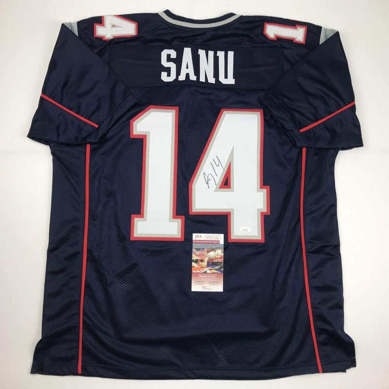 Autographed/Signed Mohamed Sanu New England Blue Football Jersey JSA COA