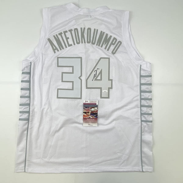 Autographed/Signed Giannis Antetokounmpo Milwaukee White Ice Basketball Jersey JSA COA